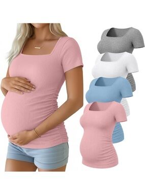 Maternity Ribbed Square Neck Short Sleeve Top